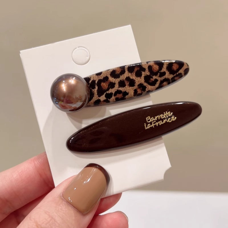 Premium leopard print coffee color hairpin mature temperament duck bill clip side bangs clip Korean retro pair clip hairpin