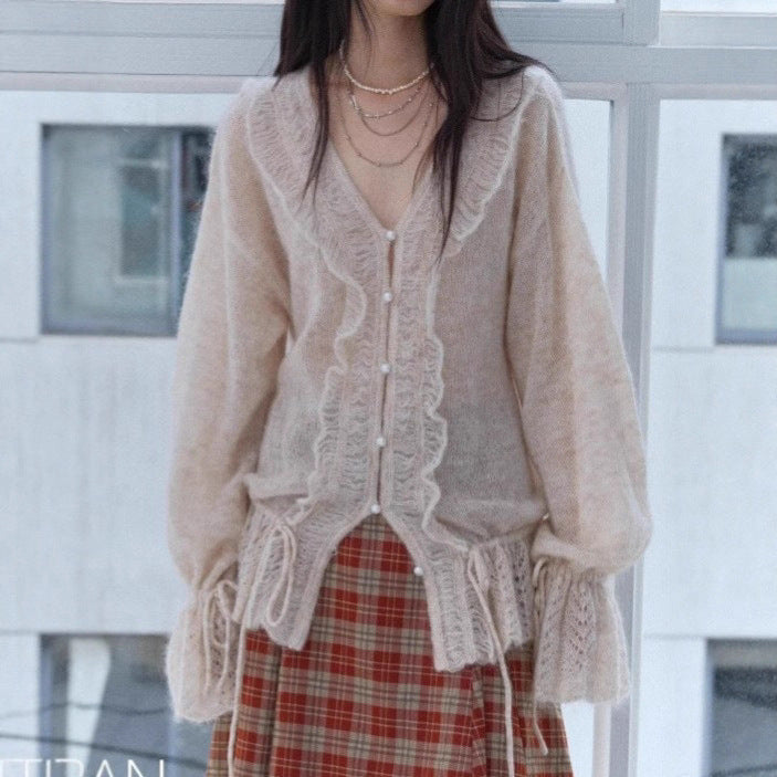 Large silhouette mohair wool drawstring V-neck pearl buckle fungus edge thin cardigan sweater