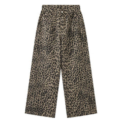 New Korean retro fashionable contrasting color leopard print printed jeans loose silhouette trousers women