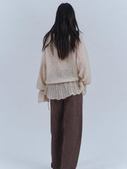 Large silhouette mohair wool drawstring V-neck pearl buckle fungus edge thin cardigan sweater