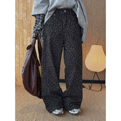 New Korean retro fashionable contrasting color leopard print printed jeans loose silhouette trousers women