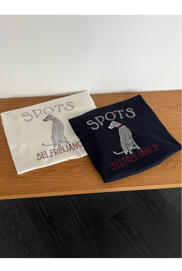 Fun Dog, Cute Cartoon Embroidered Skinny Short Sleeve T-Shirt