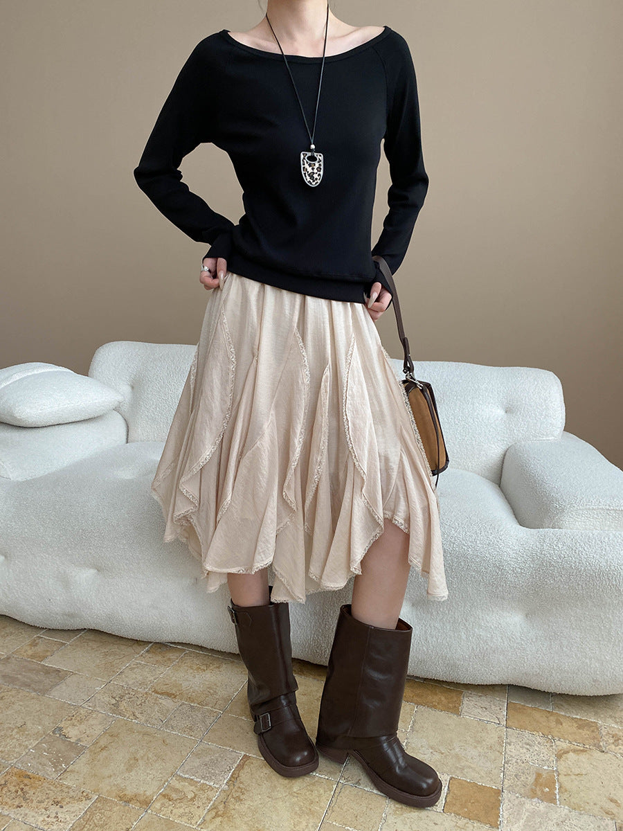 Tencel Acetate Blended Elastic Waist Irregular Lace Splicing Skirt