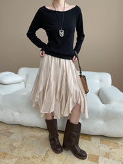 Tencel Acetate Blended Elastic Waist Irregular Lace Splicing Skirt