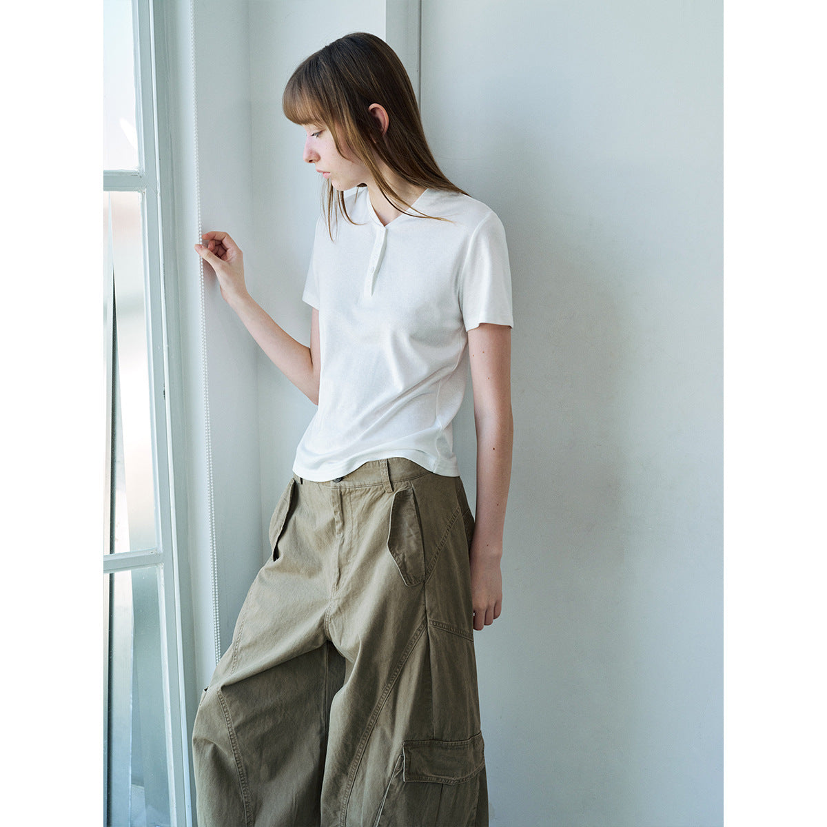 New Casual Tencel Linen Short Simple Versatile Henry Neck Short Sleeve T-Shirt