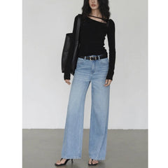 Red unilateral hollowed-out long-sleeved top women's design sense niche spring thin bottom T-shirt