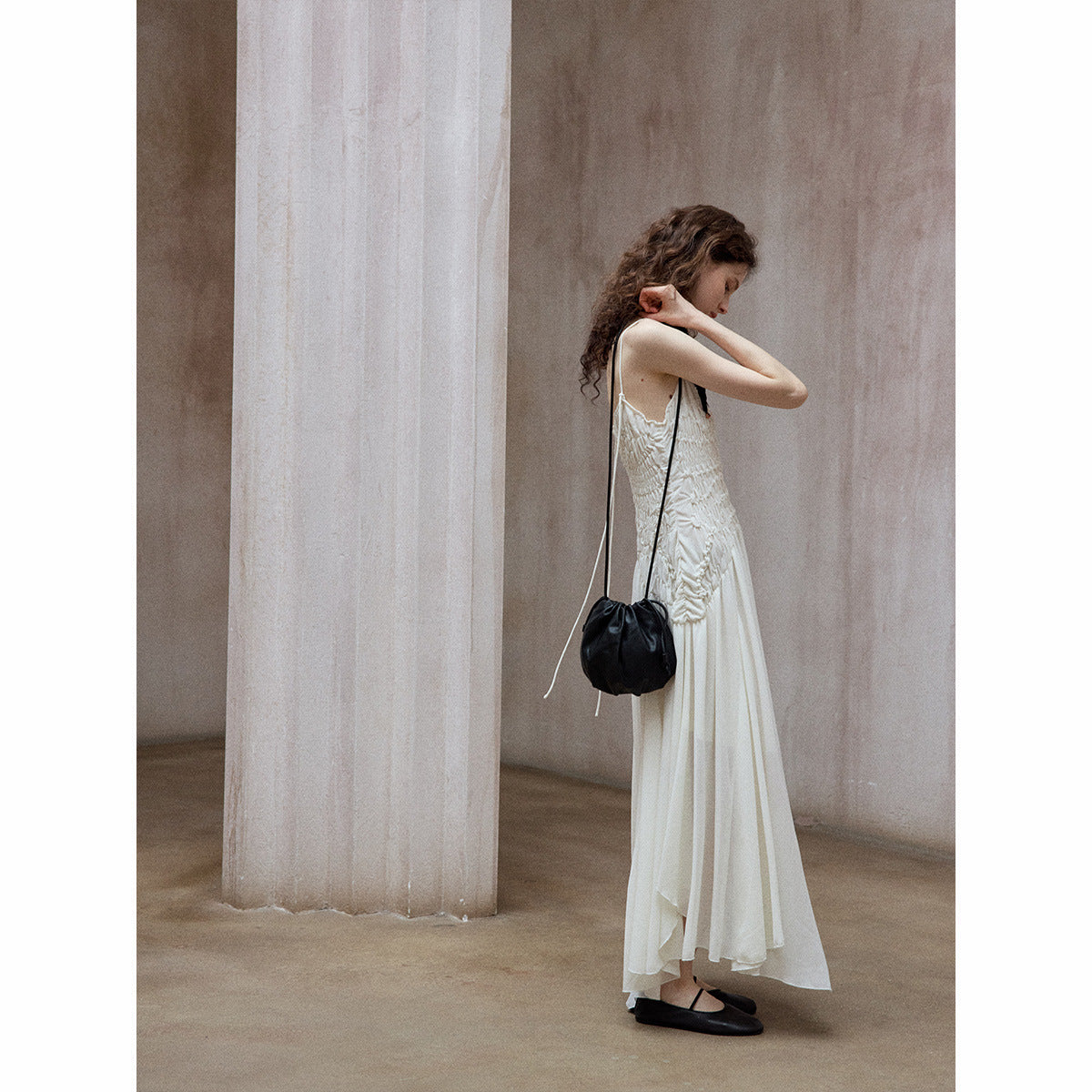 Vintage pleated chiffon asymmetric MIDI suspender skirt adjustable shoulder strap