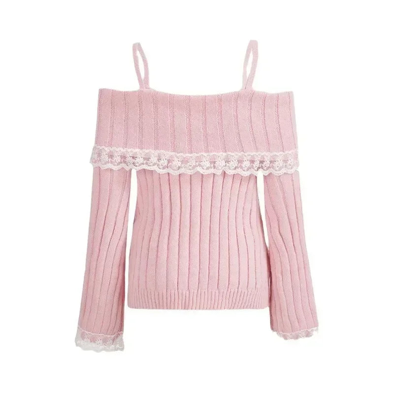 Women Off Shoulder Knit Sweater Pink Pullover Sweet Pullovers Long Sleeve Bow Lace Patchwork Jumpers Y2k Streetwear