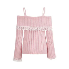 Women Off Shoulder Knit Sweater Pink Pullover Sweet Pullovers Long Sleeve Bow Lace Patchwork Jumpers Y2k Streetwear