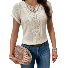 Plus Size 1XL-5XL Women's  Short Sleeve Vibrant Lace Splicing Crew Neck T-Shirt  Ladies Fashion Trim Semi-Sheer Round Neck Shirt