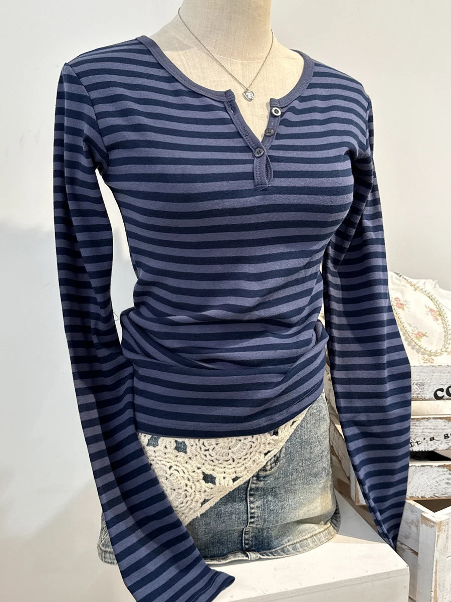 Sweet Button Long Sleeve Tees Women Spring New Cotton Rose Pink Striped Slim Zelly Tops Simple Chic Preppy Style T-shirts