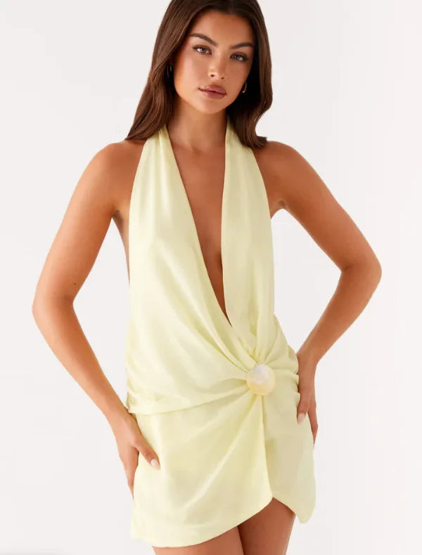 Deep V Neck Sexy Mini Dress Women Summer Shell Decoration Sleeveless Backless Ruched Club Party Dress Elegant