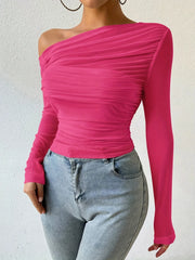 Fall Fashion Off The Shoulder Long Sleeve Shirts Crop Tops Slim Fit Blouses Y2K Clothing Streetwear