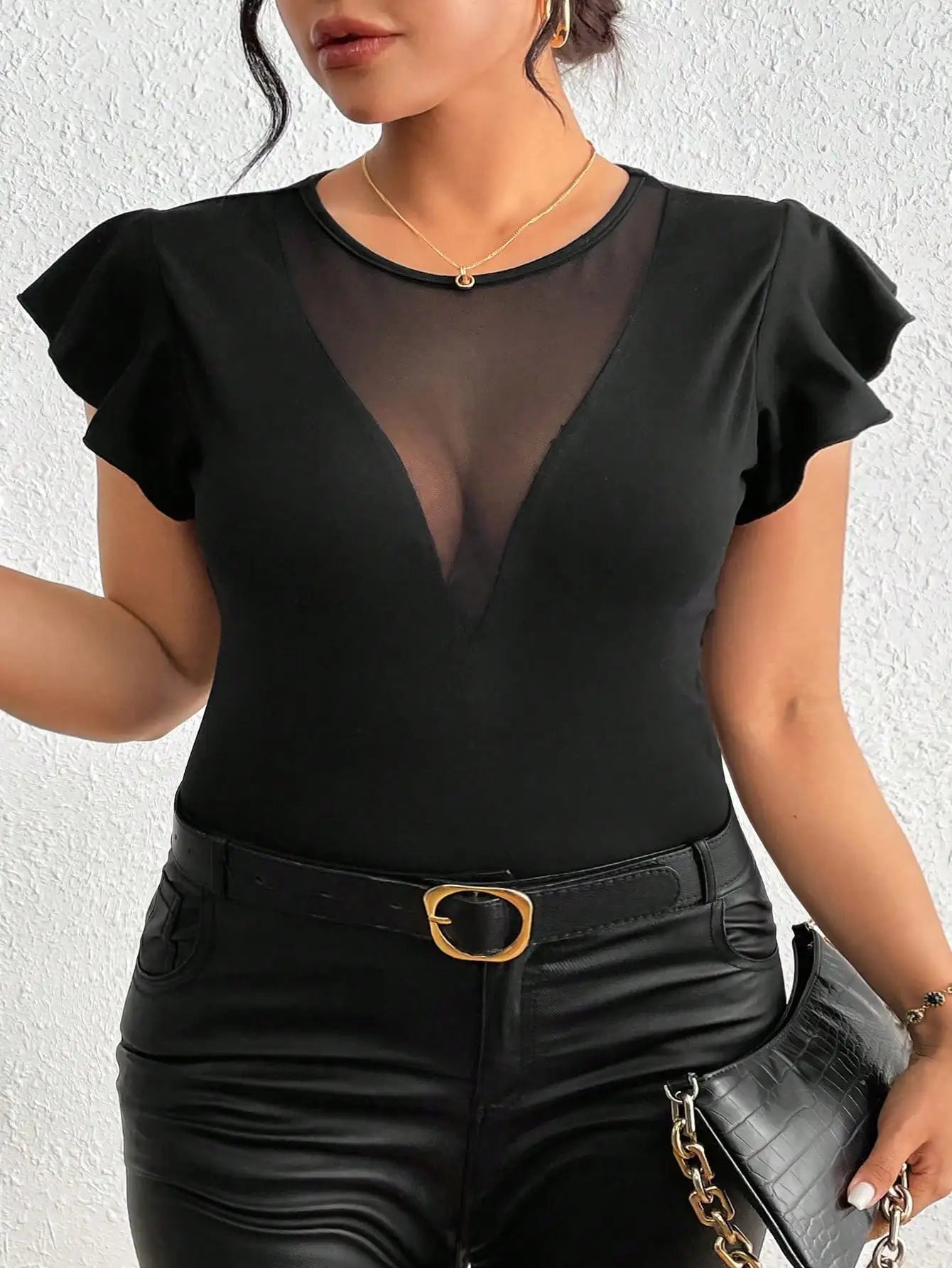 Women Plus Size V-Neck High-Stretch Solid Color Patchwork Ruffle Sleeve  T-shirt