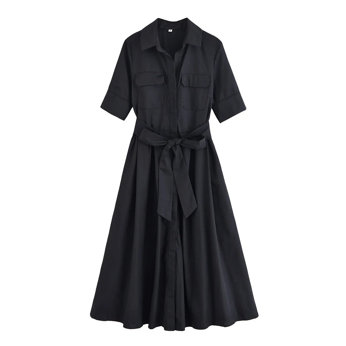 Women Summer Lapel Short Sleeve Pocket Single-Breasted Belt Decorate Midi Dress Female Fashion Shirt Style Pleated Dress