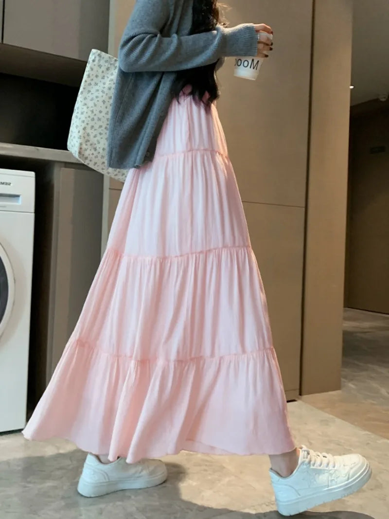 Elegant White Ruffled Long Skirts for Women High Waist A Line Maxi Skirt Woman Spring Summer Casual Loose Korean Umbrella Skirt