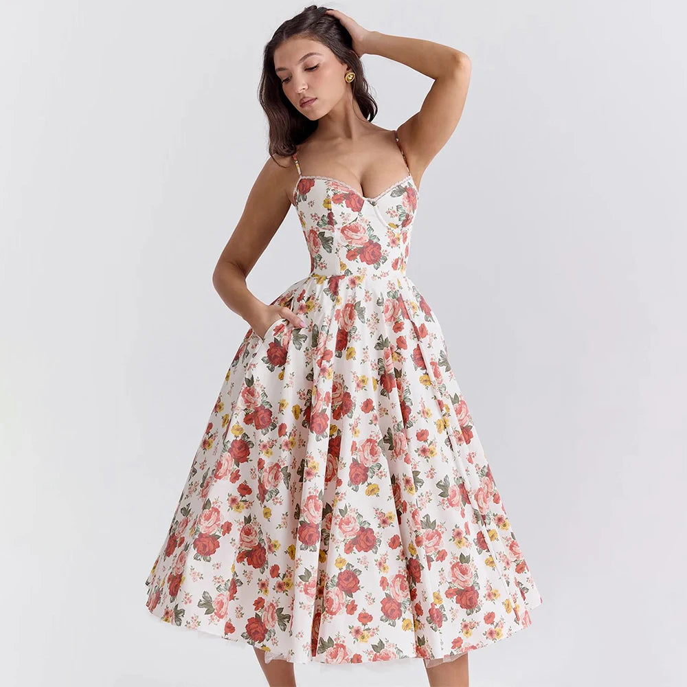 Women's Casual Spaghetti Strap A Line Flowy Midi Dresses Party Evening Gown Backless Elegant Wedding Guest Dress with Pockets