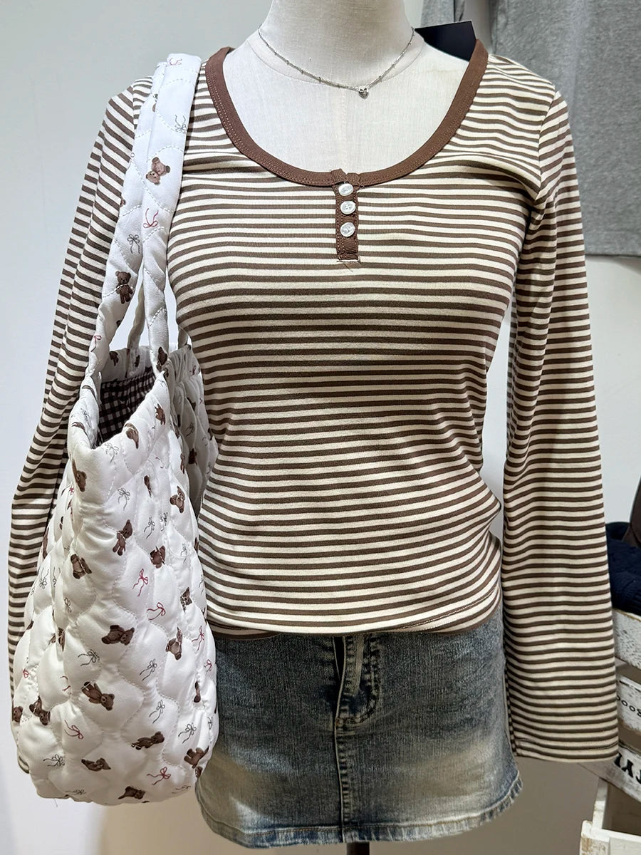Sweet Button Long Sleeve Tees Women Spring New Cotton Rose Pink Striped Slim Zelly Tops Simple Chic Preppy Style T-shirts