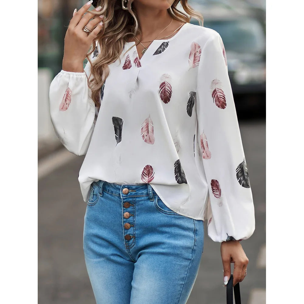 Temperament Elegant V-neck Feather Painting Printing Long Sleeve Loose T-shirt Flare Sleeve Women's Tops
