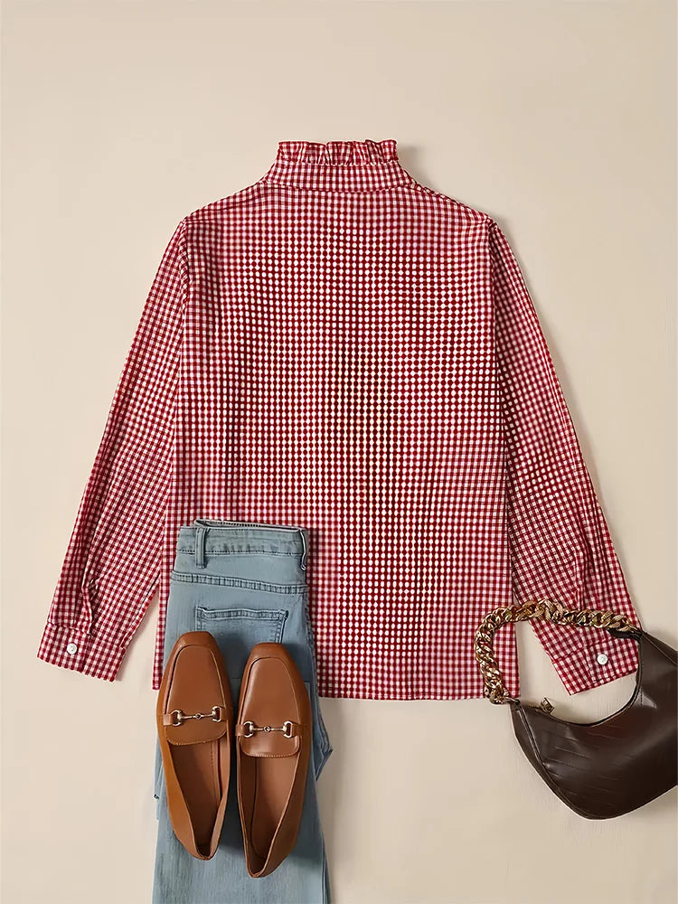 Women's Red White Gingham Ruffled Turtleneck Blouse Ruffle Front Long Sleeve Loose Fit Casual Office Daily Top