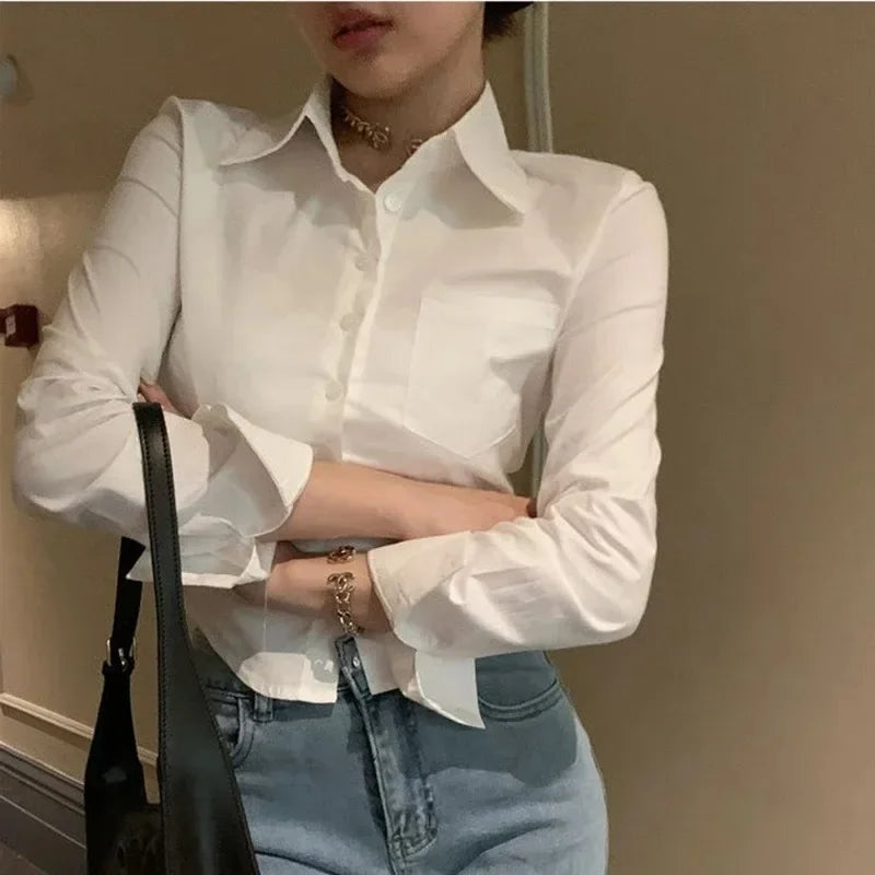 2026 Spring Commuter Long Sleeve New Female Crop Tops Korean White Office Women Chiffon Shirt Pocket Button Lapel Ladies Blouse