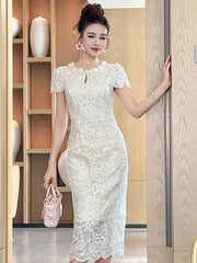 Elegant Romantic Midi Party Dress Women Sweet Floral Embroidery Hollow Out Slim Robe Female s Formal Gatherings Vestidos