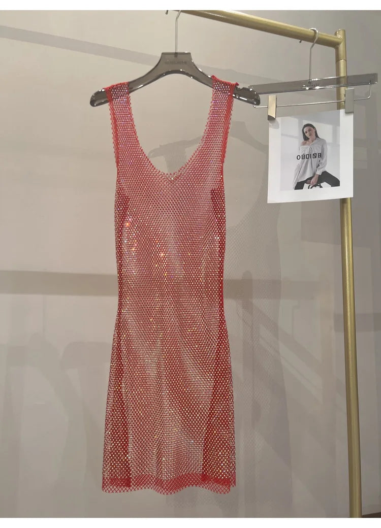 Sexy Sleeveless Skeleton Glitter Rhinestone Dress Fishing Net Mesh See Through Round Neck Midi Dress Party