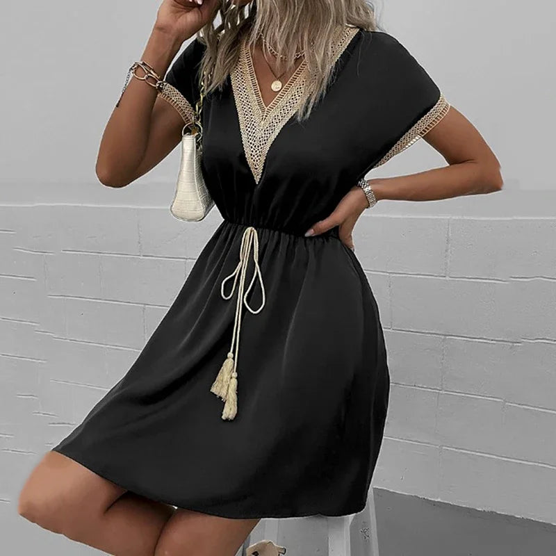 Summer Solid Short Sleeve Lace V Neck Waistband Female Beach Midi Short Dress Elegant Women's Sweet White Solid Color Dresses