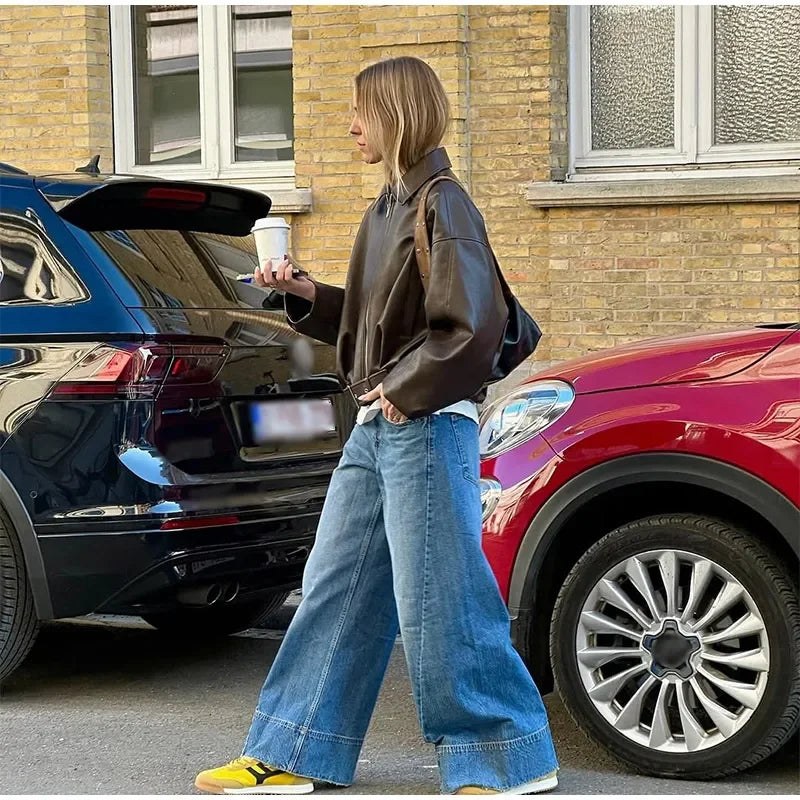 Vintage PU Leather Bomber Jackets  New Ladies Zipper Lapel Long Sleeve Pocket Coat With Belt Women's Loose Streetwear