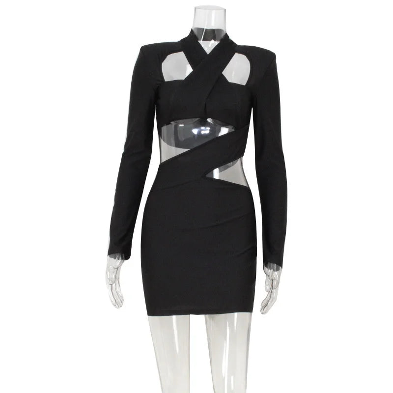 Sexy Club Women's Mini Dresses Solid Hollow Out V-Neck Regular Long Sleeves Sheath Bodycon Slim Fit Streetwear Vestidos