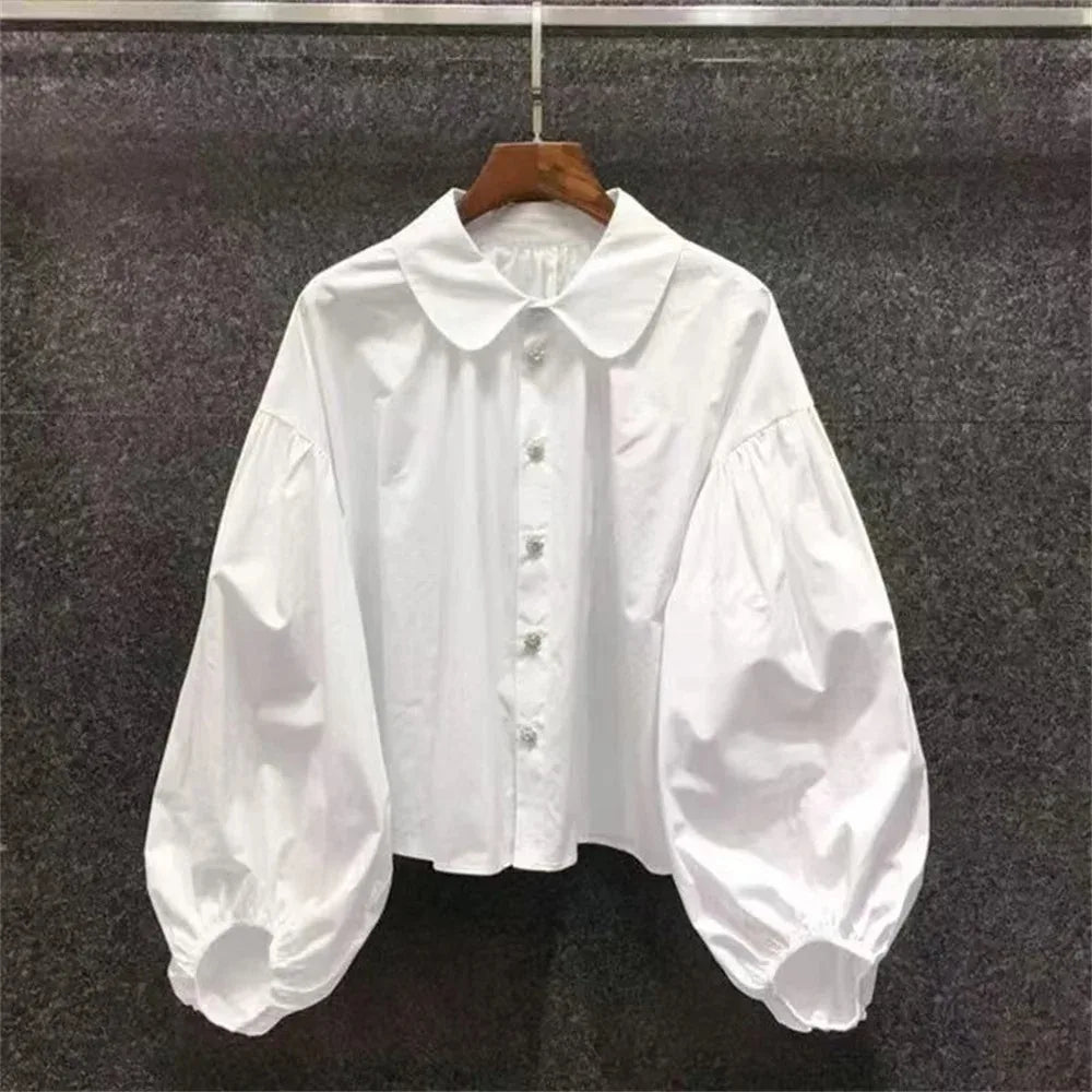 Spring New Fashion Puff Sleeve Shirt Peter Pan Collar Blouses Women Ladies Tops White Shirts Vintage Female Korean Blouse