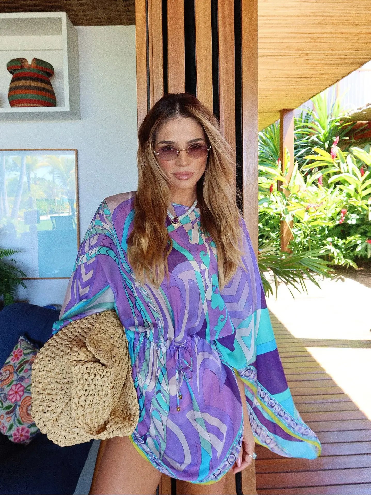 Print Long Sleeve Mini Dress Cover Up Women Party Pintuck Dresses Cap-Sleeve O Neck Ruched Elegant Holiday Beach Robe