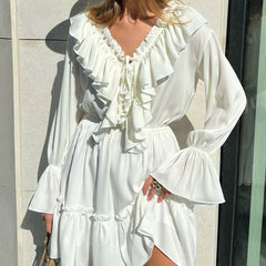 Talenza White Ruffle Bandage Mini Dress Women's Elegant Patchwork Long Sleeve Dress New Slim V Neck Lace Up Summer Mini Dress