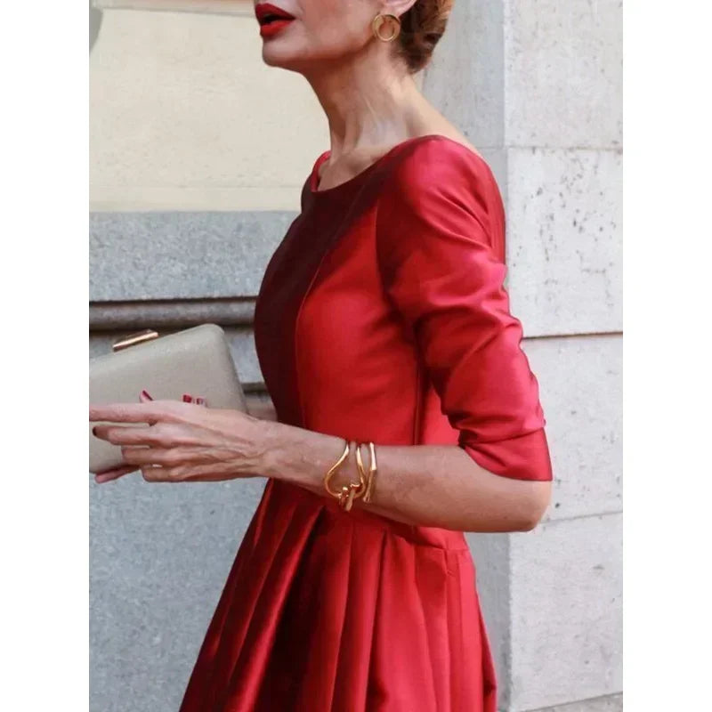 Women's A-Line Long Sleeve Dress 2026 Half Sleeves O-Neck Pleated Elegant Classical Evening Christmas Urban Lady Midi Dresses
