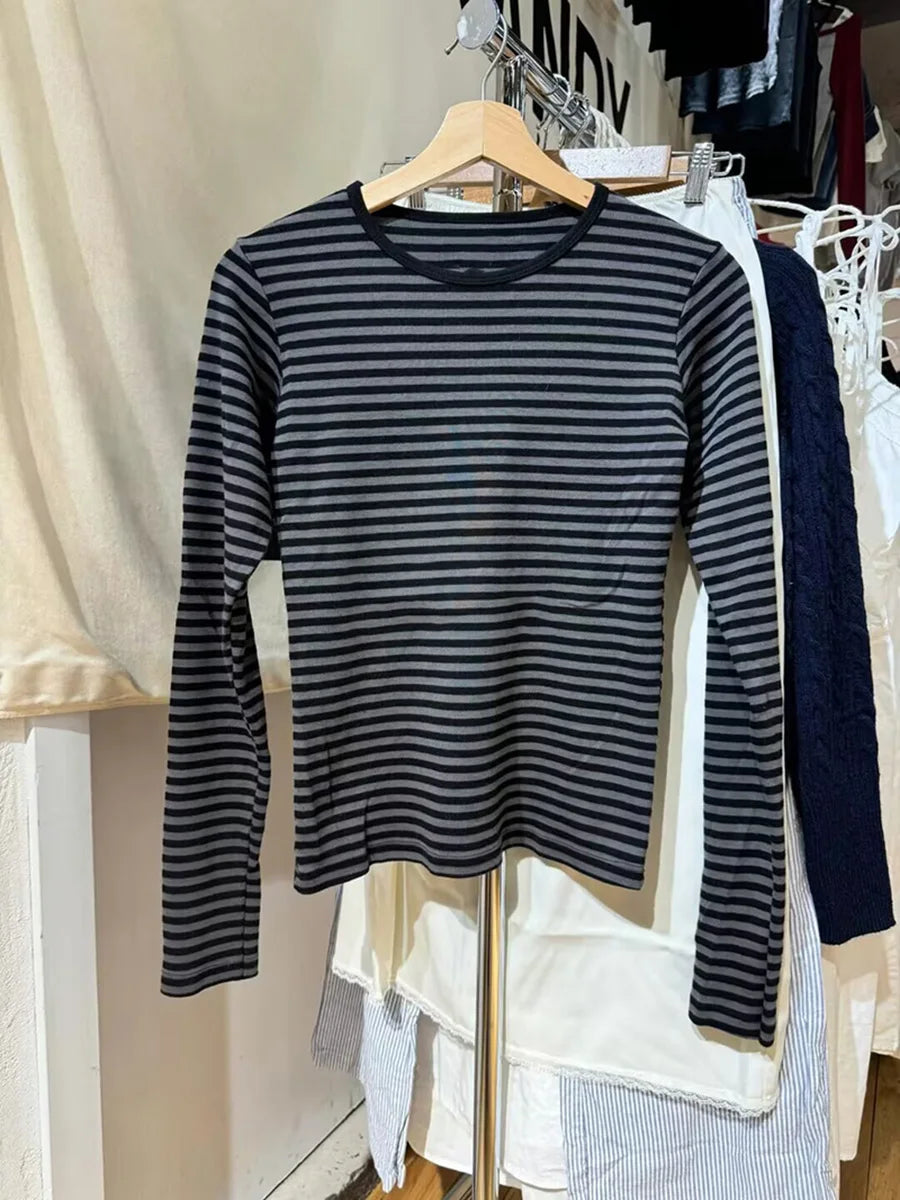 Sweet Pink Striped Long Sleeve T-shirt Woman Spring New Y2K O-Neck Cotton Slim Tshirts Tops Female Cute Preppy Style Tee Shirts