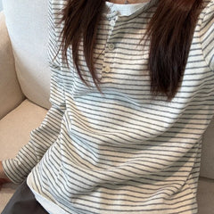 Vintage Women Fake Two Piece Top O-neck Stripe Button Long Sleeve T-shirt Spring Autumn Casual Loose Base Layer Shirt Versatile