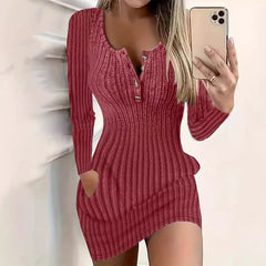 Fashion Long Sleeve Buttons Bodycon Dress Women Autumn Winter Knitted Ribbed Slim Sweater Sexy Mini Dresses For Women Robe Femme