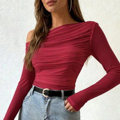 Fall Fashion Off The Shoulder Long Sleeve Shirts Crop Tops Slim Fit Blouses Y2K Clothing Streetwear