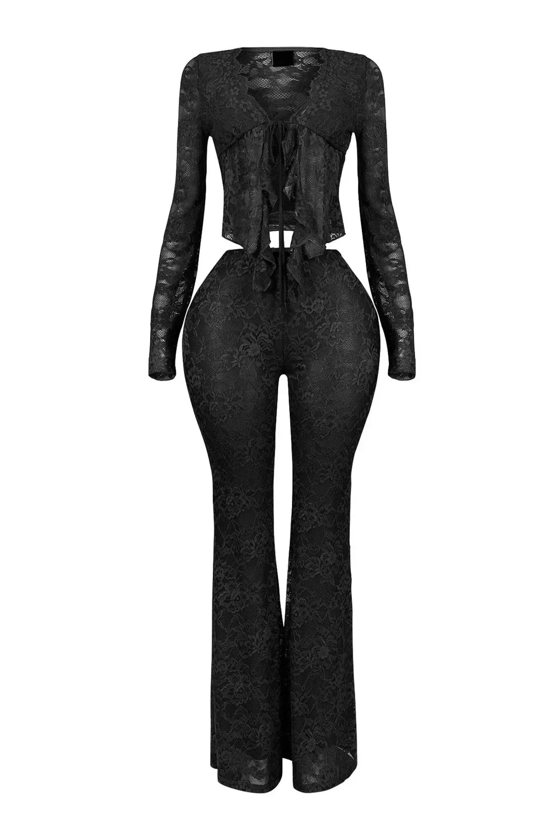 Women's Set Long Sleeve Lace See Through Shirt + Long Pants Street Evening Sexy Two 2Piece Sets Outfits Tracksuit