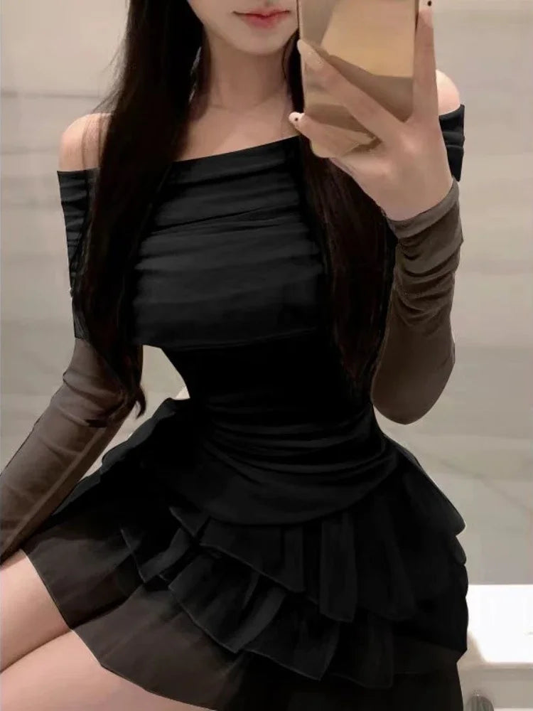 2000s Gothic Vintage Mini Dress Women Sleeveless Strap Party Dress Evening Lace Retro Cltohing Japanese Y2k Black Chic Lolita
