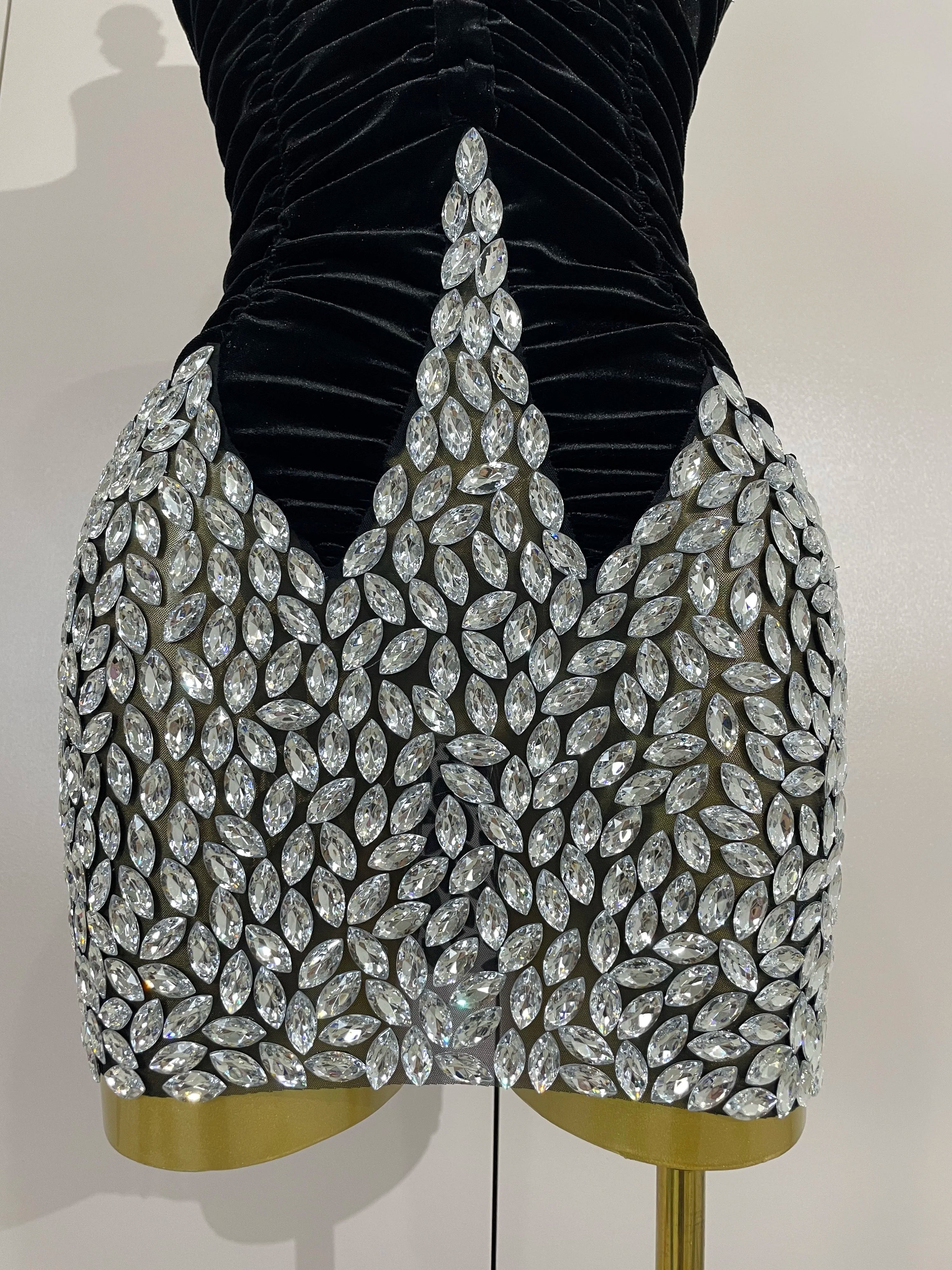 Elegance Sparkly Diamonds Black Mesh Velvet Short Dress Women Celebrate Evening Birthday Party Performance Photoshoot Stage Wear