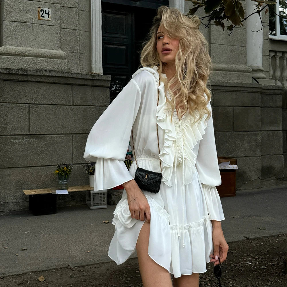 Talenza White Ruffle Bandage Mini Dress Women's Elegant Patchwork Long Sleeve Dress New Slim V Neck Lace Up Summer Mini Dress