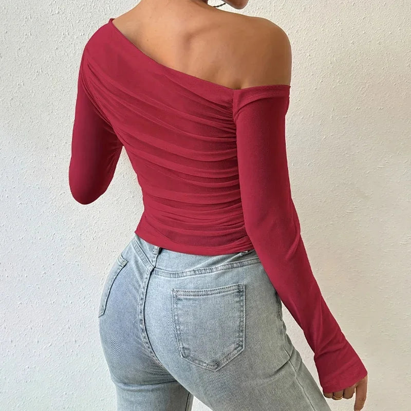 Fall Fashion Off The Shoulder Long Sleeve Shirts Crop Tops Slim Fit Blouses Y2K Clothing Streetwear