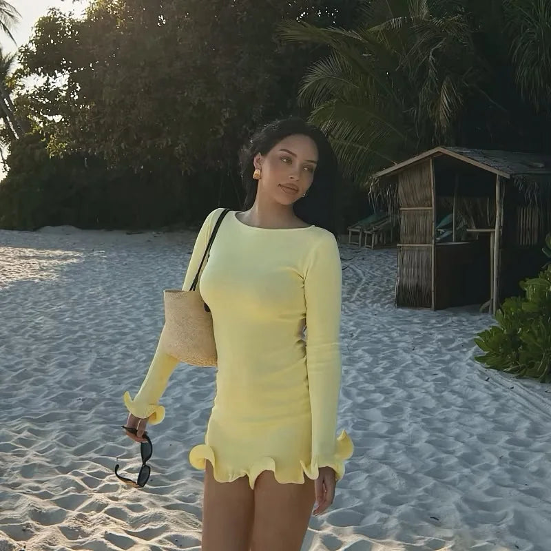 Sexy Pleated Ruffled Mini Dress Women Fashion Solid Puffed Long Sleeves Round Neck Loose Dresses 2026 Lady Evening Party Vestido