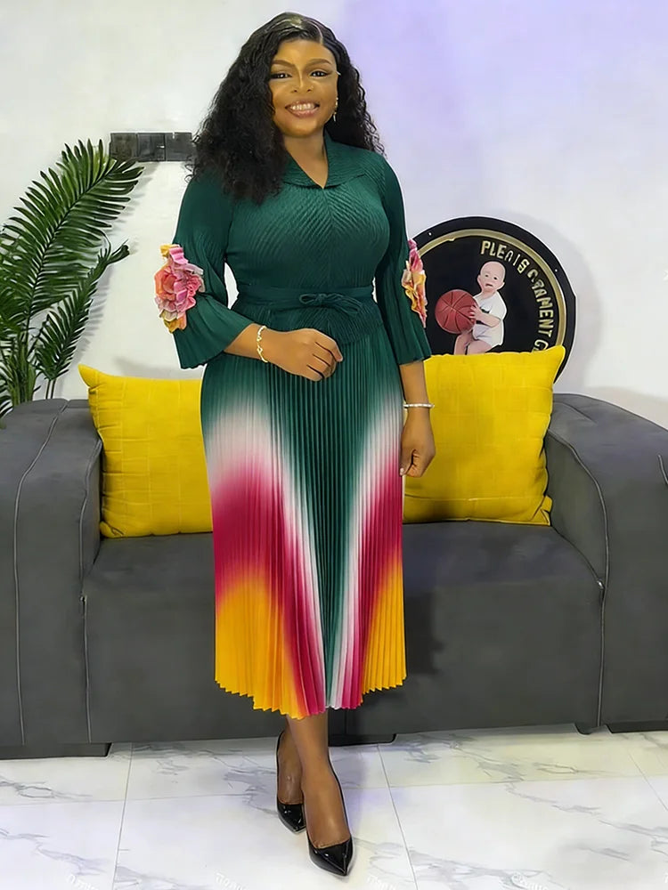 Lapel Lantern Sleeves Belt Waist Slimming Gradient Pleated A-line Skirt Elegant Women's Clothing 9R66