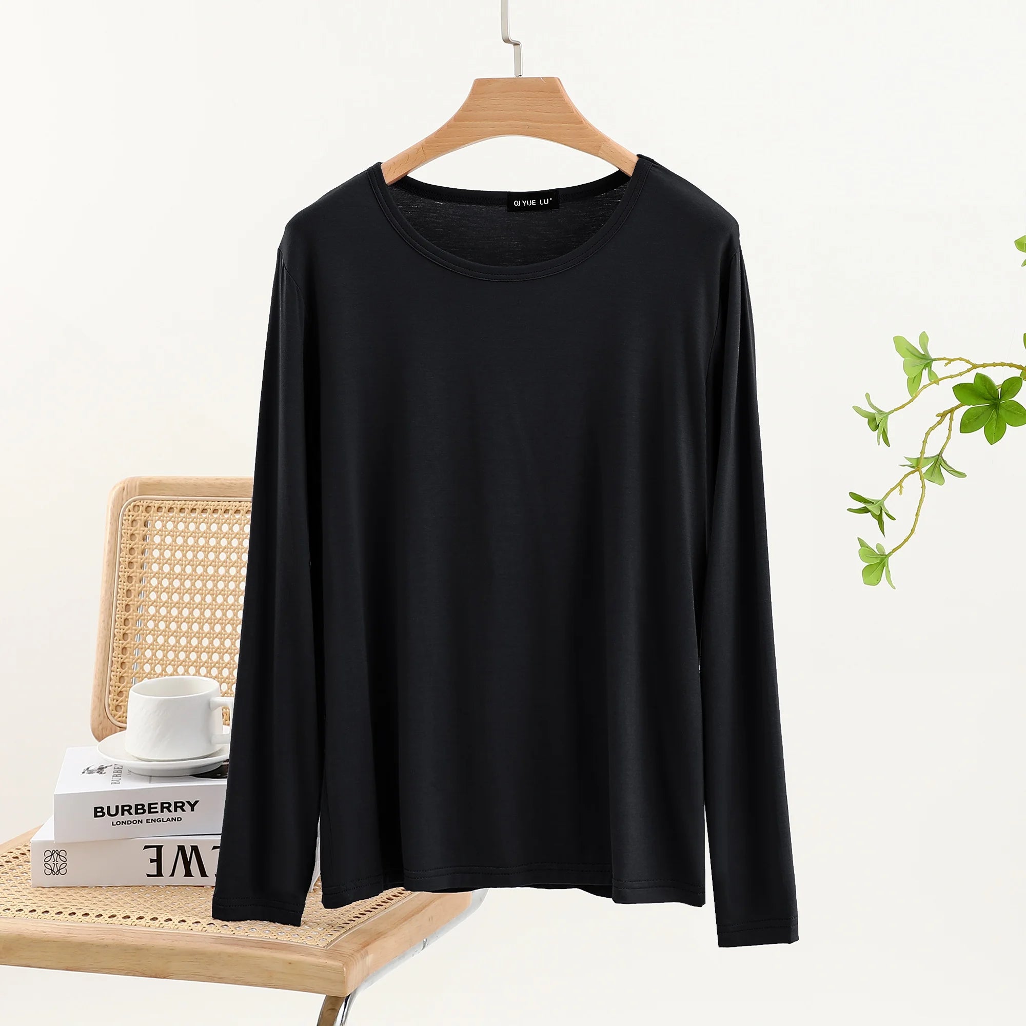 Casual Modal Long Sleeve T-Shirt Women's Spring Thin Round Neck Base Shirt Loose Fit Plus Size Slim Pure Color Top