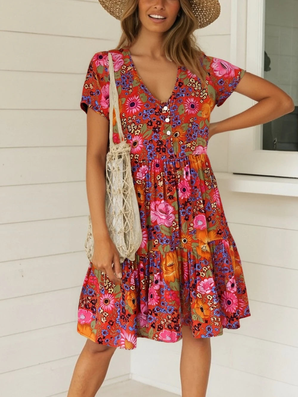 Vintage Chic Women Short Sleeve Floral Print Fashion Beach Bohemian Mini Dress Ladies V-neck Summer Rayon Cotton Boho Dresses