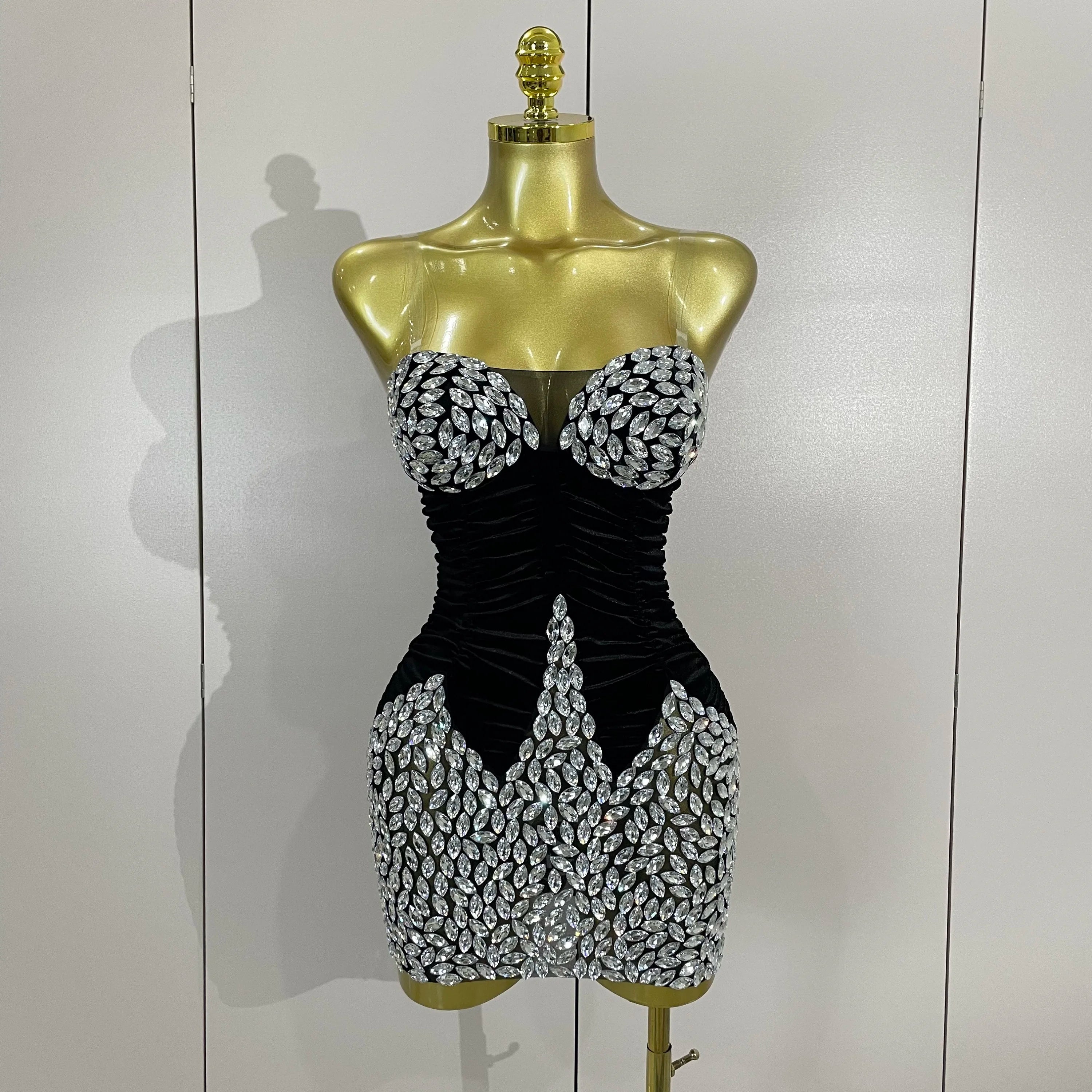 Elegance Sparkly Diamonds Black Mesh Velvet Short Dress Women Celebrate Evening Birthday Party Performance Photoshoot Stage Wear