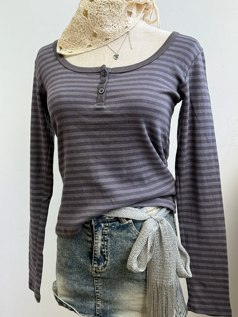 Sweet Button Long Sleeve Tees Women Spring New Cotton Rose Pink Striped Slim Zelly Tops Simple Chic Preppy Style T-shirts