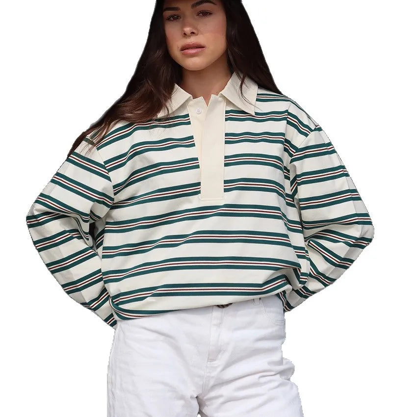 Vintage Lapel Collar Shirt Pullover Tops Tees Women Striped Rugby Polo T-shirt Y2k Long Sleeve Sweatshirt Preppy Sweatshirt